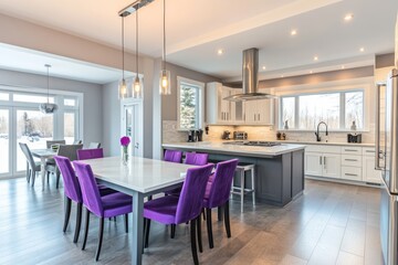 Modern Kitchen Dining Area With Purple Chairs And Island