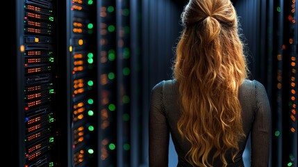 Data center operations woman managing server room tech environment professional viewpoint digital concept