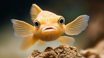 Fototapeta premium orange fish with prominent fins glides through clear water, showcasing its vibrant color. rocky bottom provides a natural habitat, illustrating a peaceful aquatic scene