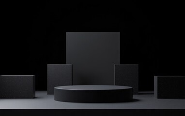 Dark minimalist product display with round platform and square blocks.