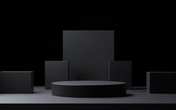 Fototapeta Dark minimalist product display with round platform and square blocks.