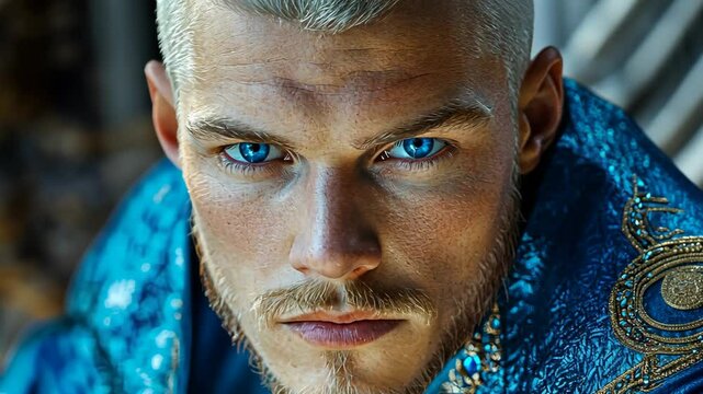 fantasy character portrait, handsome mage in blue elegance glitter robe 
