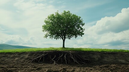 Obraz premium A tree growing from the soil with roots visibly spreading beneath the surface