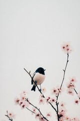 Bird perched on blooming branch with delicate flowers against a soft white sky expressing the beauty of natures tranquility