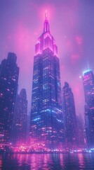 Obraz premium Neon-lit skyscraper at night, city skyline reflecting in water