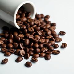 Fototapeta premium Dark roasted coffee beans spilling from a small white ceramic cup, cup, espresso