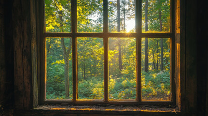 Wood window Forest window view scenery nature landscape green tree view window decor wallpaper