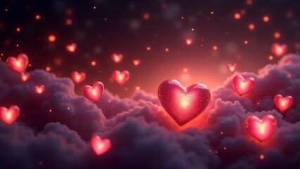 Floating hearts in pink, red, and gold glow softly in a dark cosmic backdrop, surrounded by shimmering stars, glowing constellations, and ethereal purple mist.