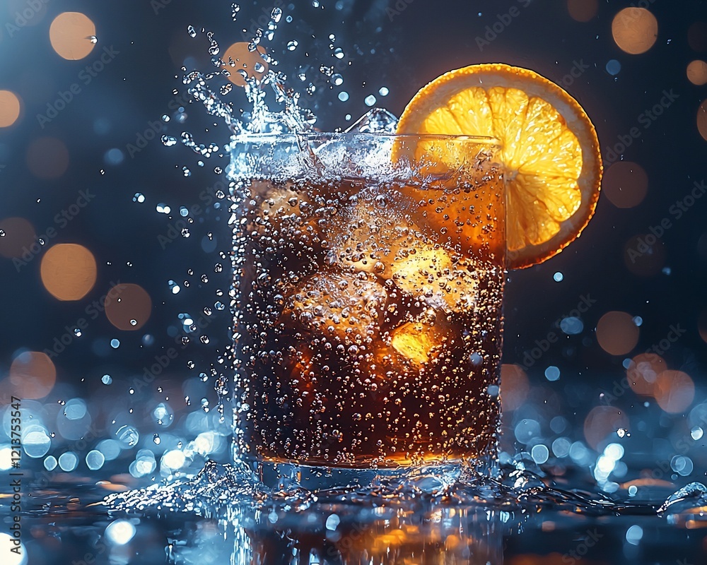 Poster iced cola drink with orange slice and ice splash.