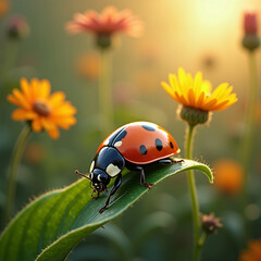 Obraz premium Ladybug on a yellow flower in a summer meadow