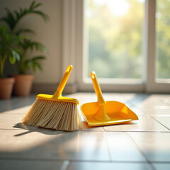 Yellow broom and dustpan set on a clean floor near a window