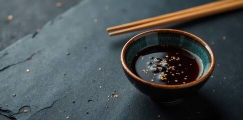 Dark slate backdrop, soy sauce in a ceramic bowl, chopsticks poised nearby, ceramic, asian