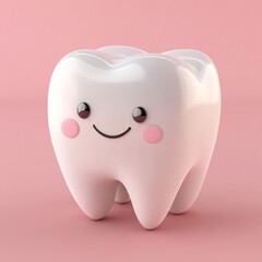 Cute smiling tooth character with glossy finish on pink background. This adorable design is perfect for dental themes, children products, or educational materials