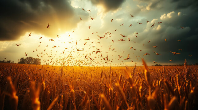 Swarms of locusts invade and destroy wheat fields.