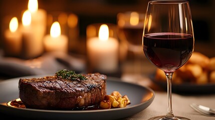 Premium Grilled Beef, Savory Steak and Refined Red Wine in Intimate Candlelit Dining Setting