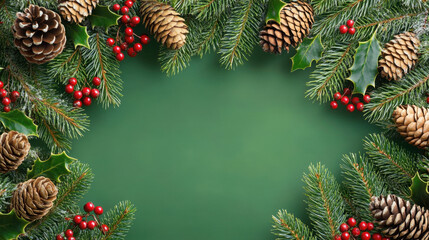 Festive Christmas decorations featuring pinecones, holly, and red berries on green background create warm holiday atmosphere. Perfect for seasonal celebrations