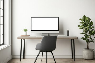 Minimalist Home Office Setup with Blank Computer Screen
