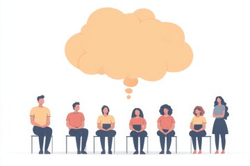 Fototapeta premium A group of people sitting in a row, with one individual standing apart. A thought bubble above the group suggests contemplation or discussion.