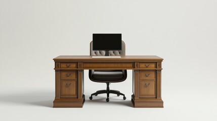 Elegant Wooden Office Desk Setup with Modern Computer and Chair