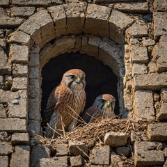 A kestrel family nesting in the ruins of an old castle.