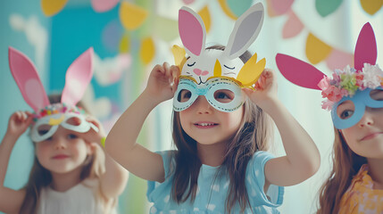 Happy Children Playing With Colorful Bunny Masks During Easter Celebration