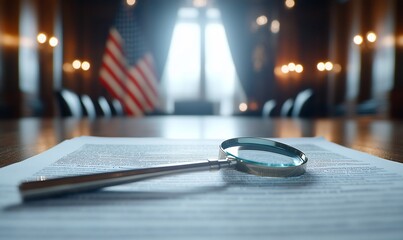 Examining legal documents; US flag in background.  Political meeting.