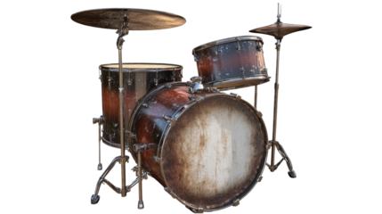 Vintage Drum Kit: A classic, weathered drum kit with a rich wood finish.  The drums have a rustic, vintage appeal, with a touch of grunge and a sense of well-loved history.