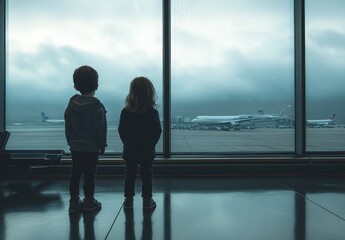 Fototapeta premium Two Children Gazing Out of Airport Window at Airplanes Amidst a Cloudy Sky, Capturing Wonder and Adventure in a Travel Setting