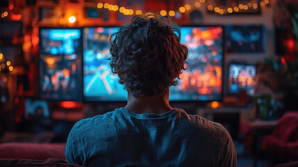 Fototapeta premium Young man watching sports on television, surrounded by warm lights and decor, immersed in excitement of game. atmosphere is cozy and inviting