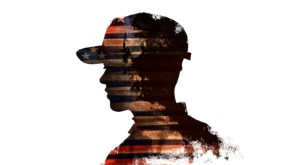 Patriotic Silhouette: A powerful and poignant silhouette of a man wearing a cap with an American flag overlay, evoking a sense of national pride and unity.