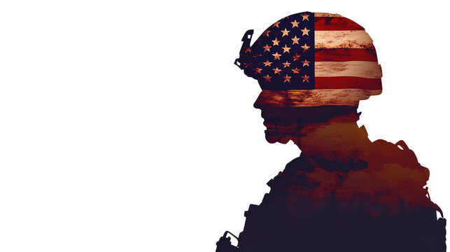 Silhouette of Duty:  A powerful silhouette of a soldier, their helmet emblazoned with the American flag, stands against a fiery sunset. The image evokes a sense of courage, sacrifice.