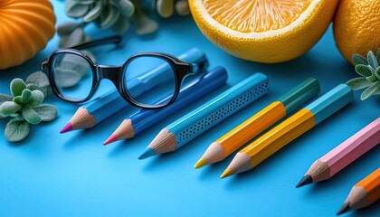 Pencils, glasses, orange, pumpkin on blue surface