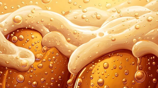 Flowing Amber Ale with Foaming Carbonation Bubbles in the Background