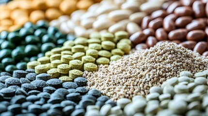 Obraz premium Vitamin and Protein Intense, Macro Shot of Abstract Colorful Protein Powder Grains Showcasing Textural Details