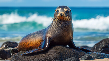 International Seal Day, a cute seal lying on a rock on the beach with gentle waves and blue sky in the background, Ai generated images