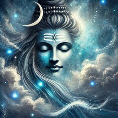 Digital Painting of Maha Shivratri: Serene Woman with Crescent Moon Hair on Cosmic Background