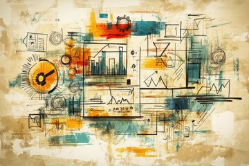 Fototapeta premium Abstract art featuring charts and graphs with bold colors and dynamic shapes, representing data analysis and business concepts effectively and creatively.