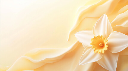 Daffodil Day, banner background with bright color gradient from yellow to white, realistic daffodil flower in the bottom right corner with soft shadow, large empty space in the middle,  © suriyani