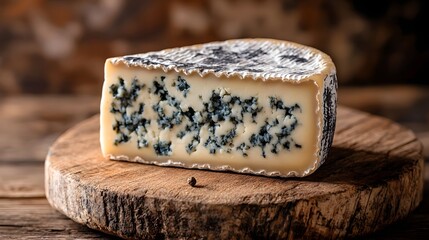 Rich Creamy Strong, Vibrant Blue Cheese Wedge on Rustic Wooden Board,Gourmet Food Concept