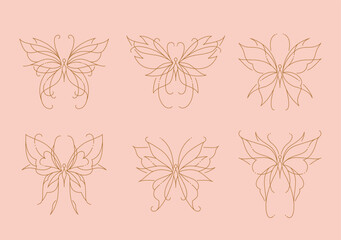 Set of line art butterfly tattoo illustration