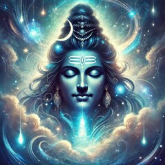 Digital Artwork of Lord Shiva on Maha Shivratri: Serene Hindu God Amidst Celestial Elements