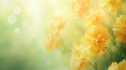 Fototapeta premium Sunny yellow flowers, garden bokeh background, spring banner