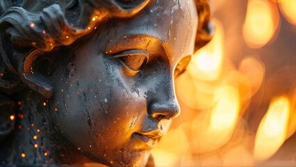 Angel statue, fire background, close-up,  spiritual concept, stock photo