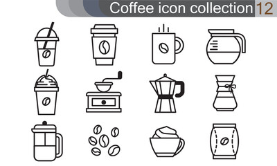 Coffee icon set in thin line style. Cafe and restaurant corporate identity design elements. Coffee maker or coffee shop vector pictograms. Hot drinks signs collection isolated on white background