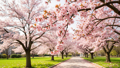 Fototapeta premium Blooming cherry blossoms in park under midday light, Qingming Festival