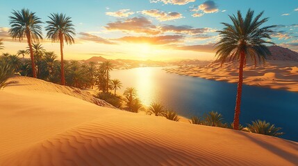 Sunset over desert oasis with palm trees and calm water.