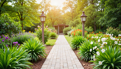 Fototapeta premium Serene garden pathway illuminated by soft sunlight, tranquil relaxation