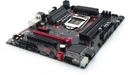 Computer motherboard studio shot, white background, technology components
