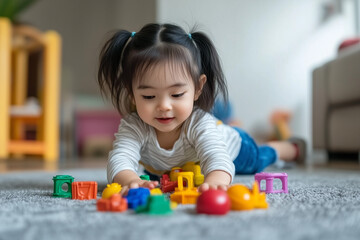 Asian girl playing with toys on the floor at home.
