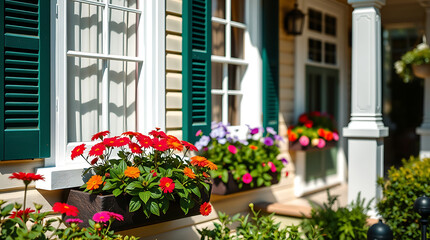 Fototapeta premium Charming House Exterior with Vibrant Flower Window Boxes